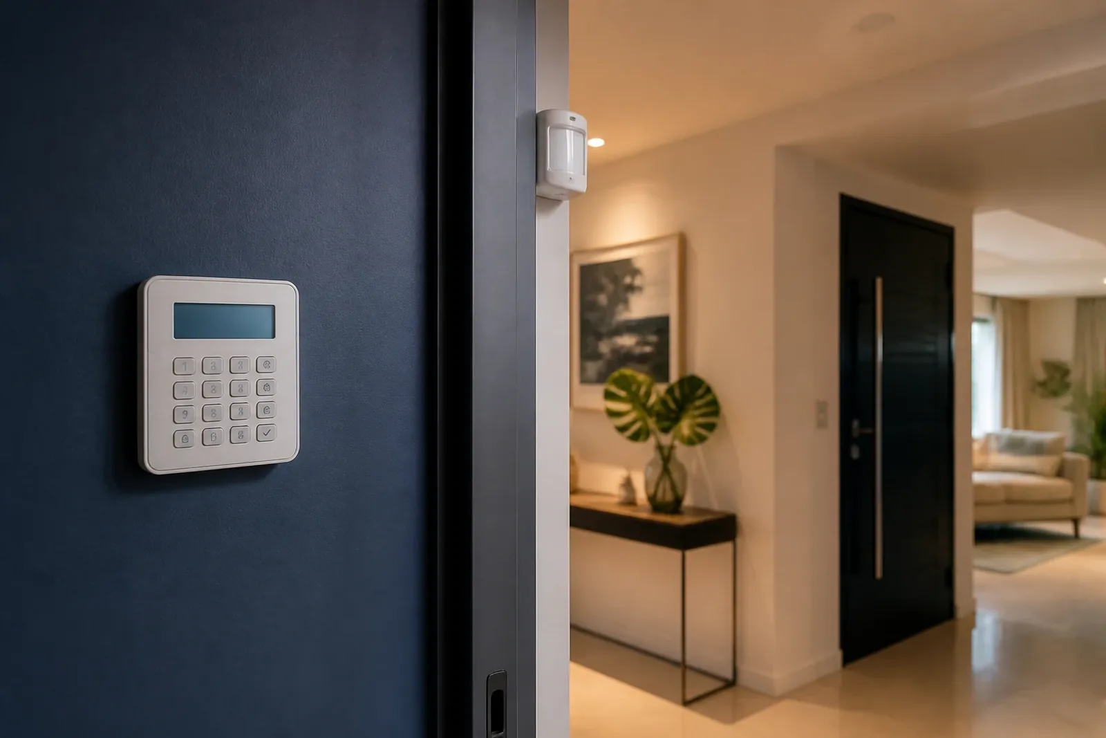 Central de alarme instalada em parede, ao lado de sensor de presença