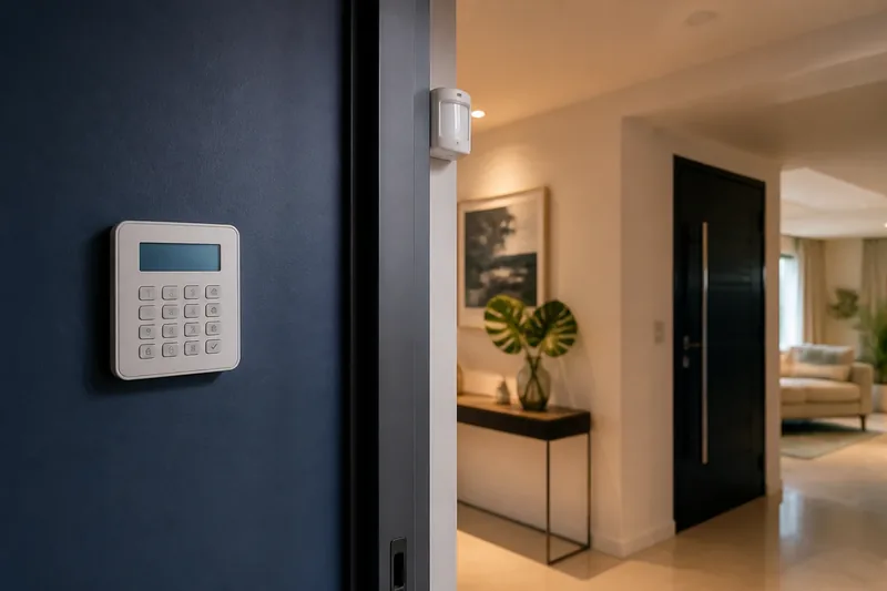 Central de alarme instalada em parede, ao lado de sensor de presença