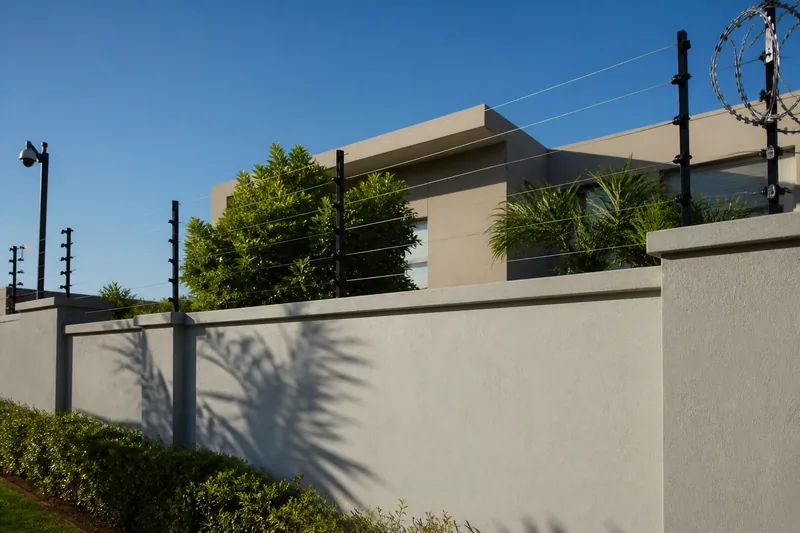 Cerca elétrica instalada no topo de muro residencial, com hastes alinhadas