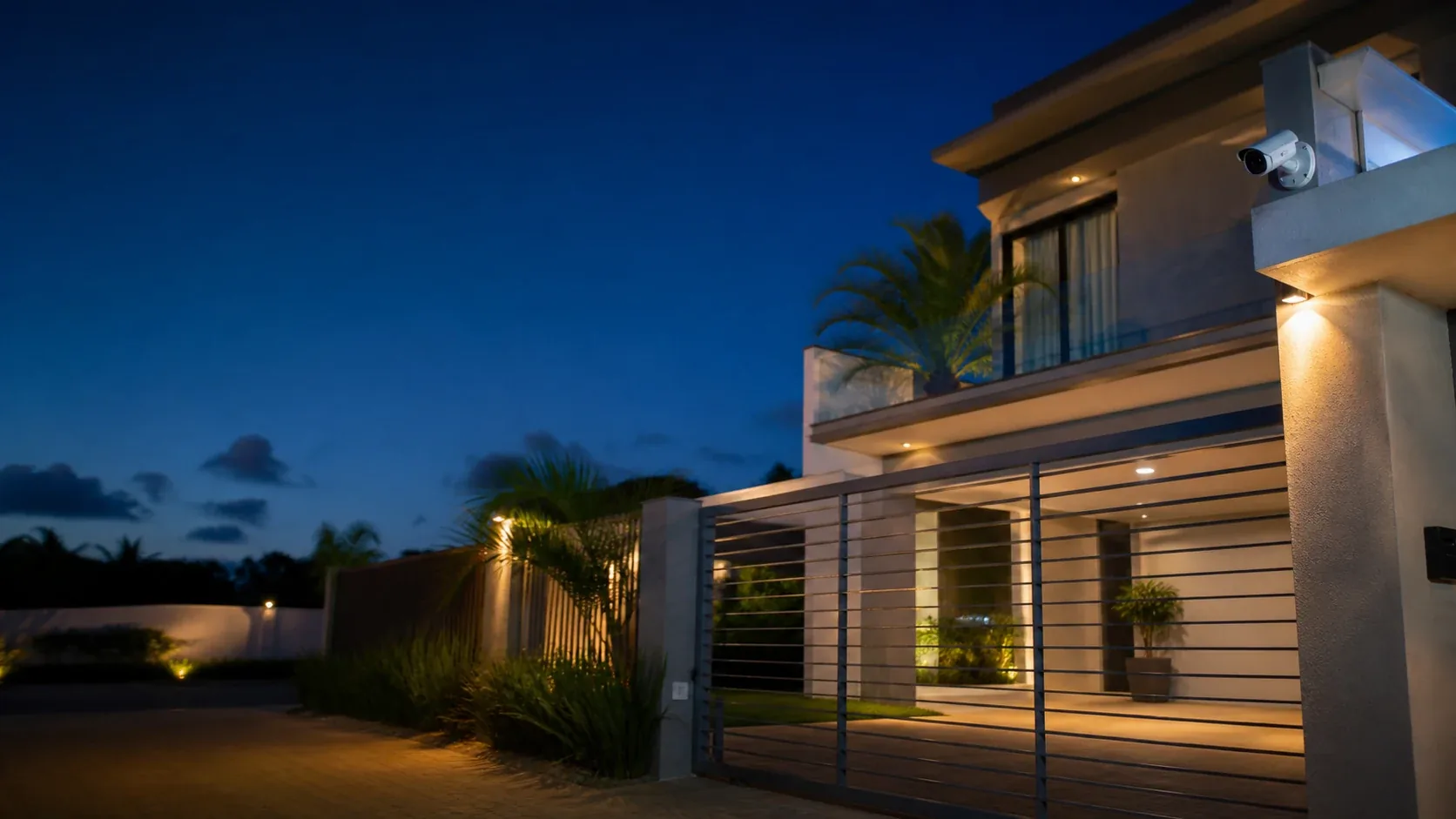 Fachada residencial ao entardecer com câmera de segurança instalada e luzes acesas