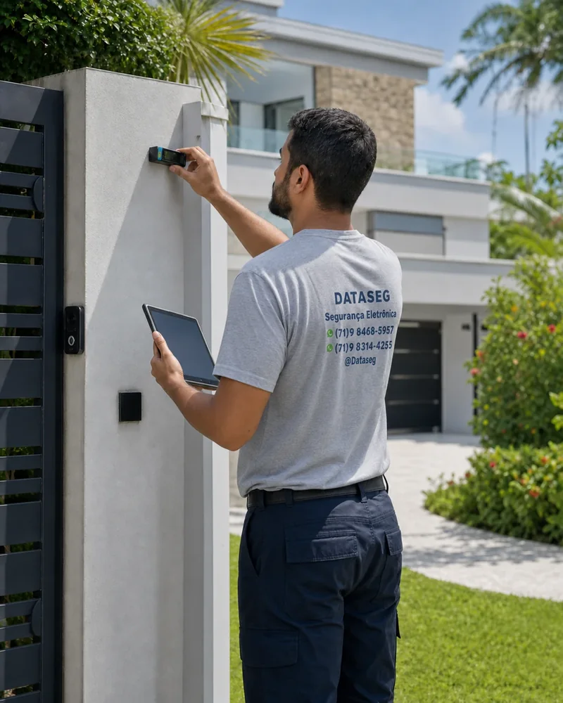 Técnico da DATASEG fazendo o levantamento técnico de um imóvel antes da instalação