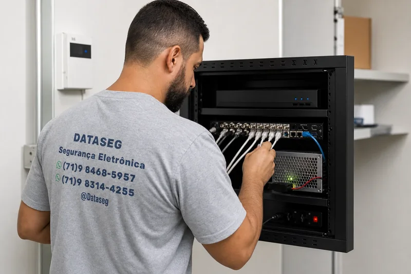 Técnico fazendo manutenção em equipamento de segurança eletrônica