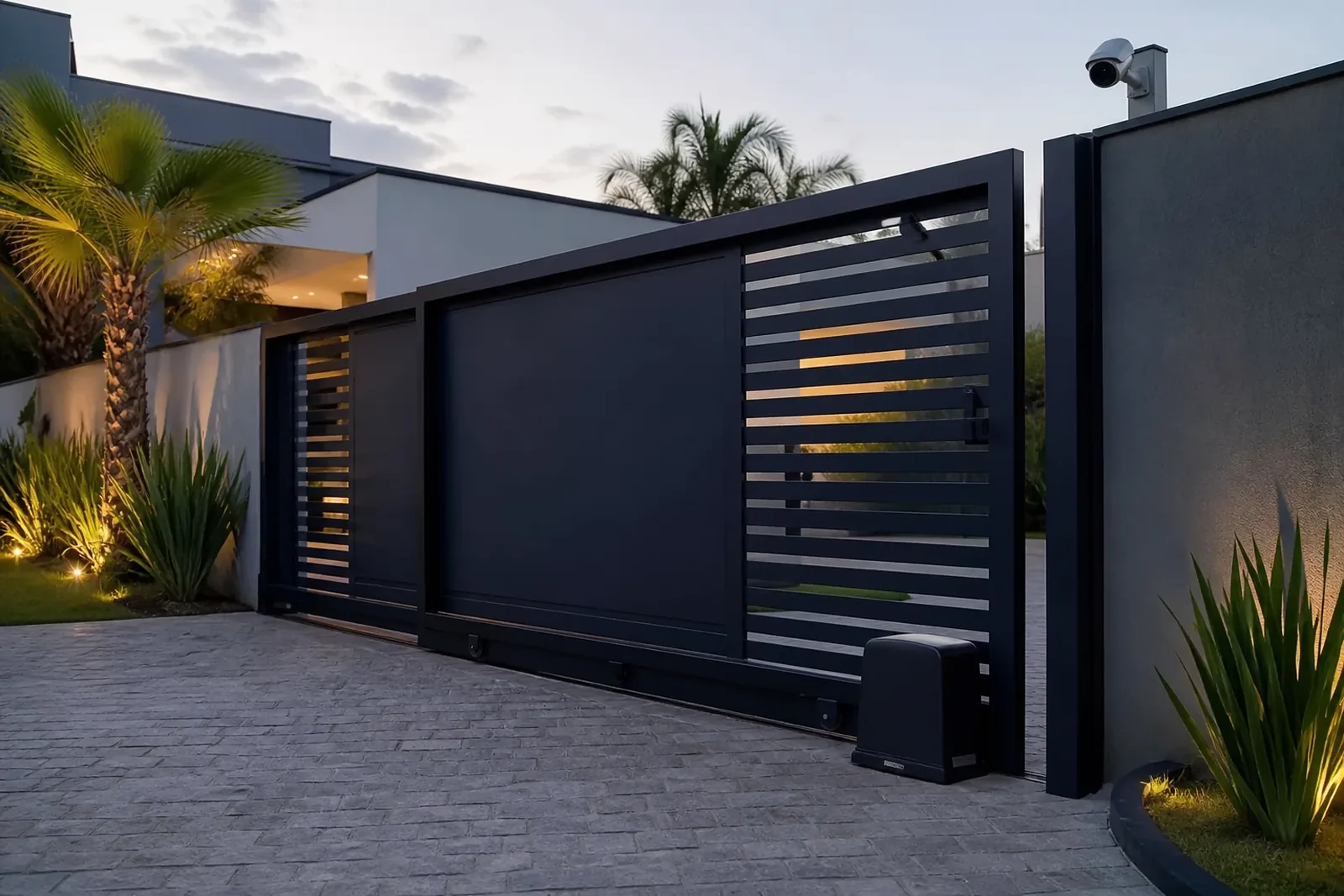 Portão deslizante automatizado de uma residência sendo aberto por controle remoto