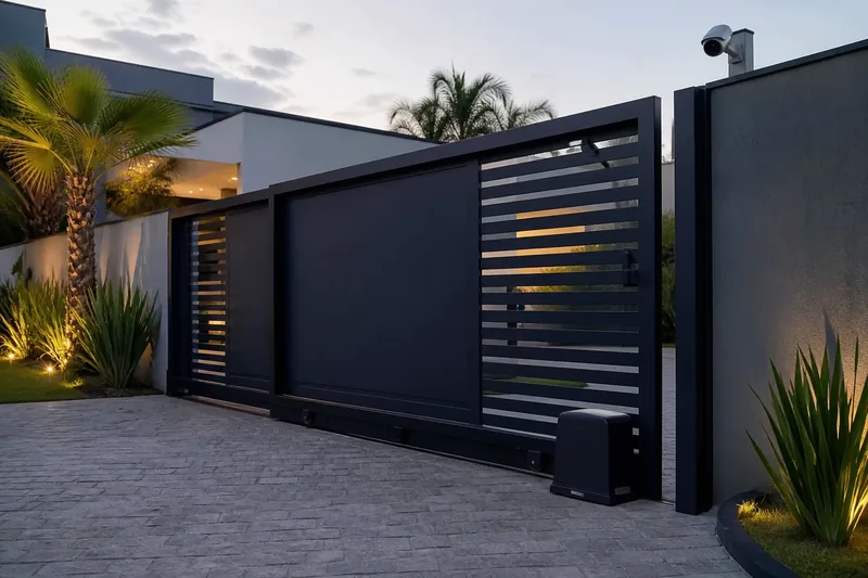 Portão deslizante automatizado de uma residência sendo aberto por controle remoto